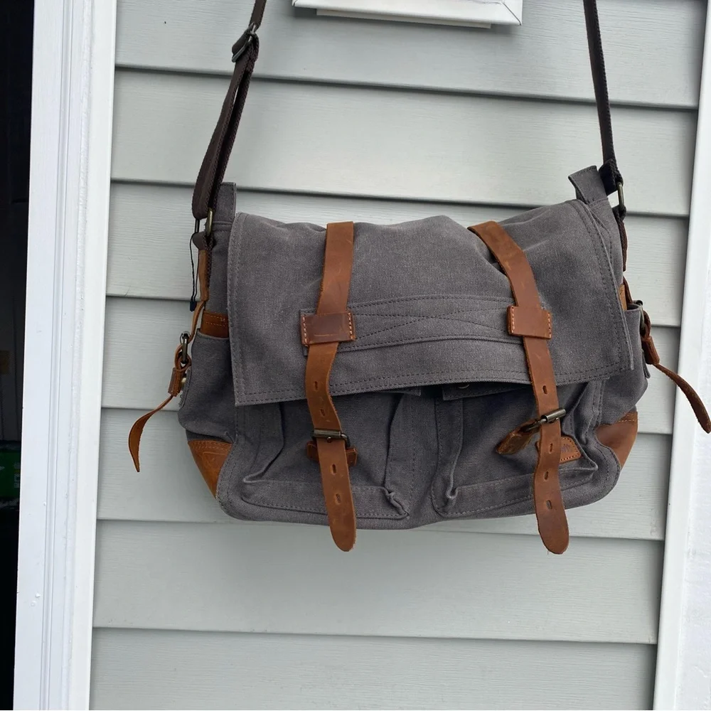 Lifewit Brown Canvas & Leather Satchel Messenger Cross Body Shoulder Bag Grey